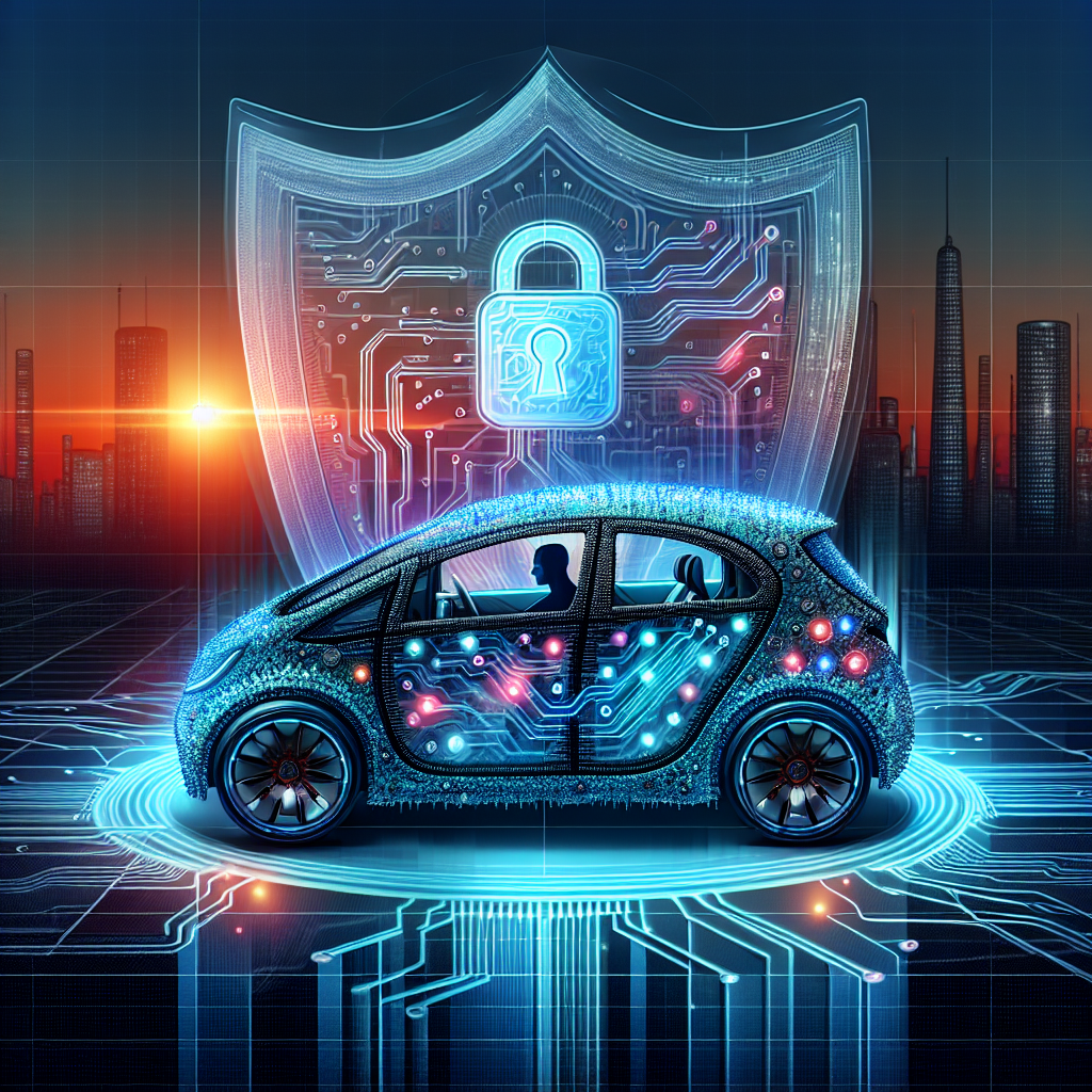 "Illustration of a cybersecurity expert analyzing the code on a laptop to enhance the security features of a smart car, symbolizing the intersection of hacking and automotive technology."