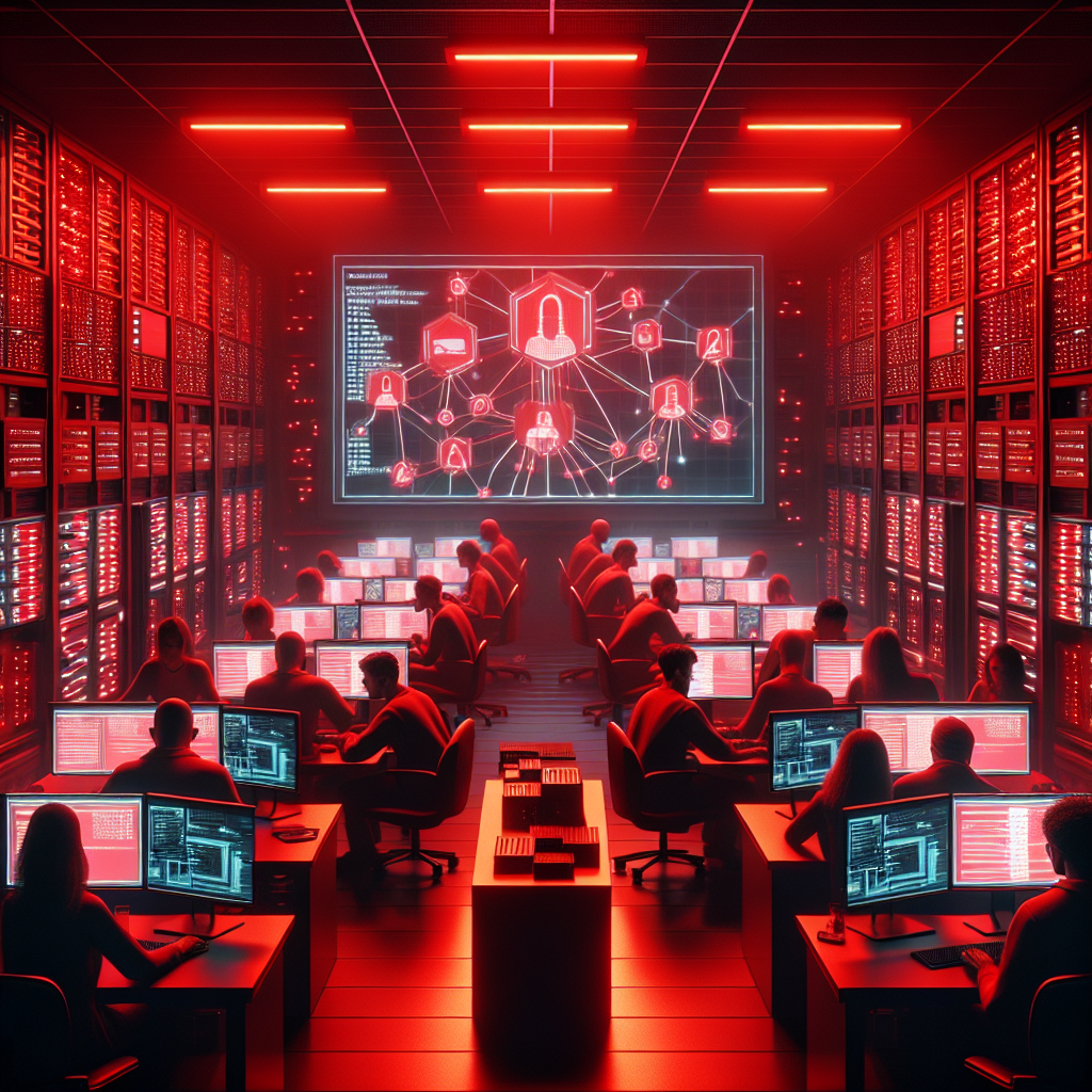 "Team of cybersecurity experts collaborating on a red team assessment, analyzing strategies for identifying vulnerabilities in a system, showcasing a dynamic workspace with laptops, charts, and security tools."